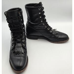 Vtg Justin Boots USA‎ Women's Sz6B L0506 Roper Black Leather Kiltie Y2K Western